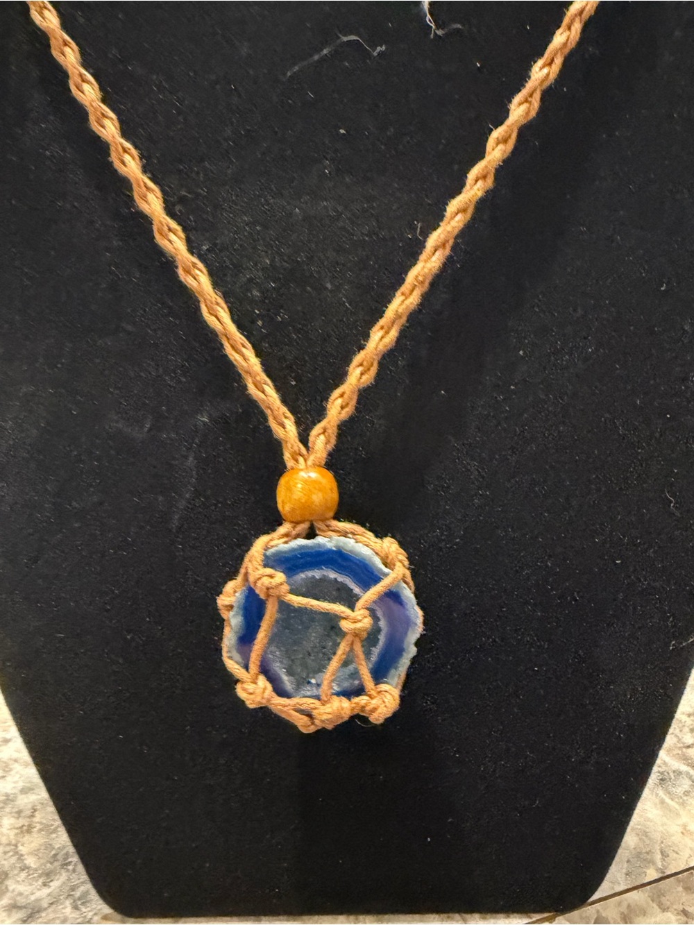 Hand Crafted Blue Agate Pendant on Braided Tan Cord